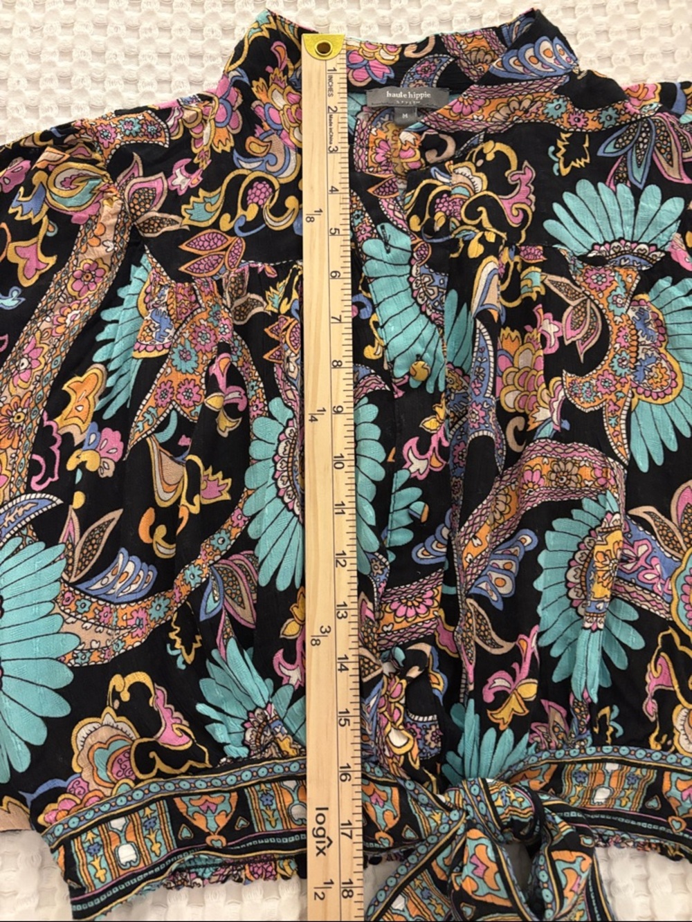 Haute Hippie Black Paisley Tie-Front BOHO Festival balloon sleeve crop top SZ M - Picture 4 of 5